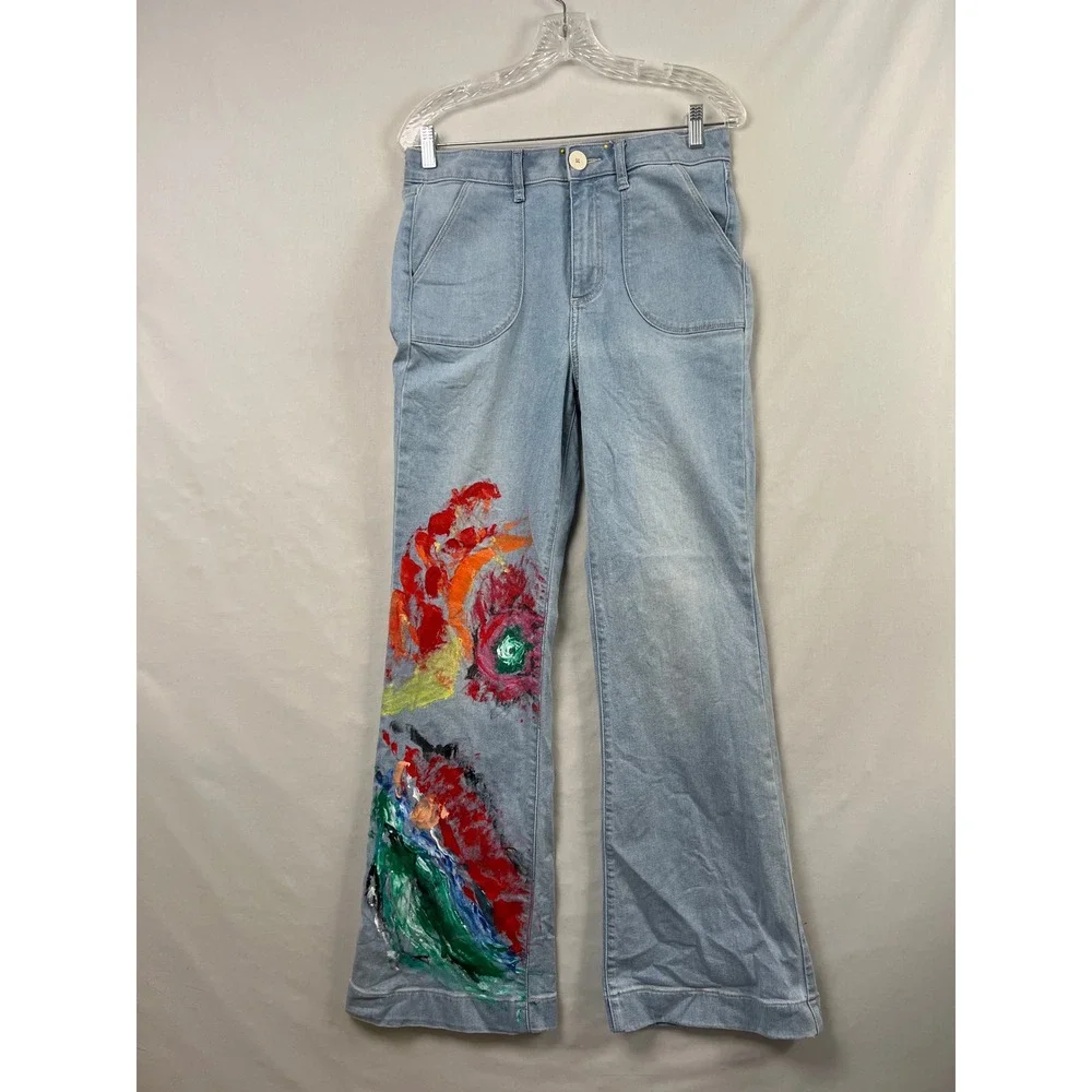 Lauren Conrad Flare Jeans Women 10 Light Blue Hand Painted Artistic High Rise